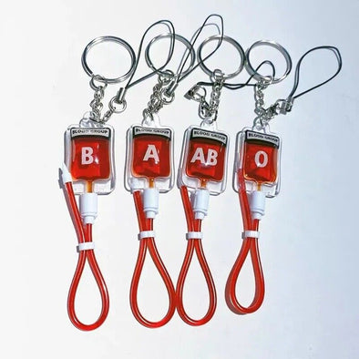 Blood group novelty keyrings with a red blood bag, catheter split ring keychain