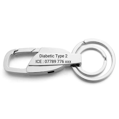 Silver personalised medical alert keyring engraved with Diabetic Type 2 and ICE emergency contact example.