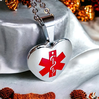 Diabetic heart pendant stainless steel medical alert necklace front view with red medical symbol
