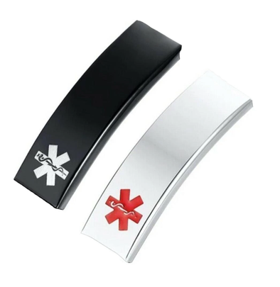 Black and silver replacement stainless steel tags for the Jasper and Milan medical alert bracelets.