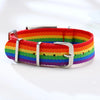 Toronto nylon and stainless steel customisable medical alert bracelet with a rainbow strap and silver tag showing the adjustable positions and buckle clasp.