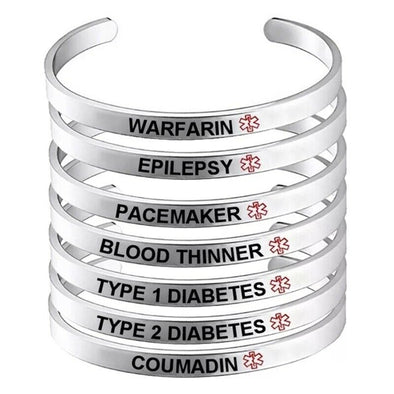Adjustable stainless steel medical ID alert bracelets for Wafarin, Epilepsy, Pacemaker, Blood Thinner, Type 1 Diabetes, Type 2 Diabetes and Coumadin