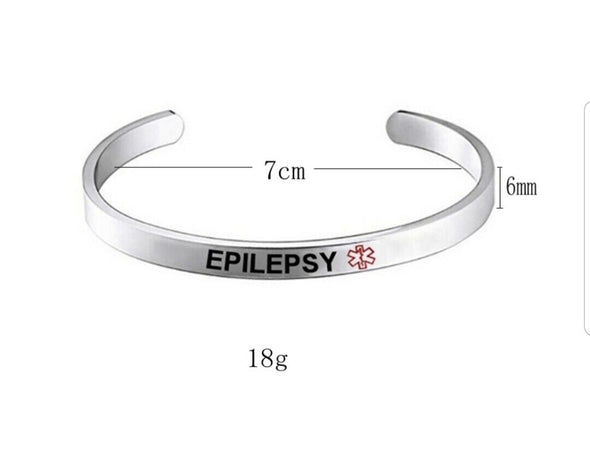 Size guide for adjustable stainless steel medical ID alert bangle with Epilepsy engraved