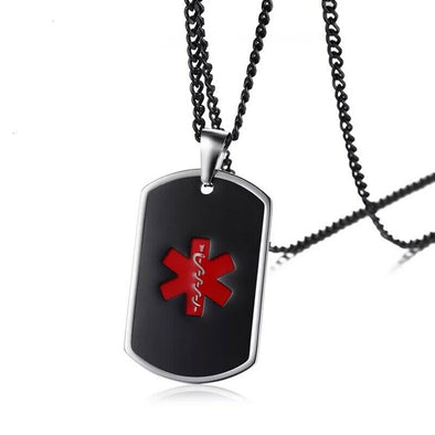 Admiral black and silver personalised stainless steel medical id alert dog tag style necklace front view