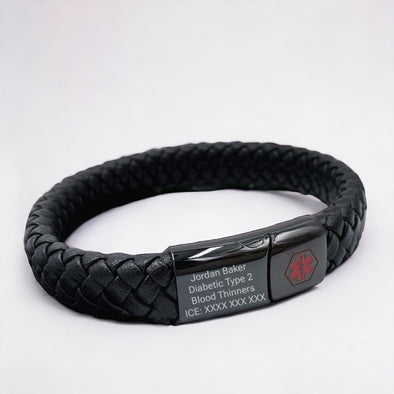 Personalised medical alert bracelet with plaited leather band and black stainless steel tag