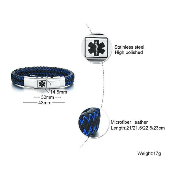 Diagram showing dimensions and adjustable lengths of the Arcadia microfibre leather and stainless steel medical alert bracelet