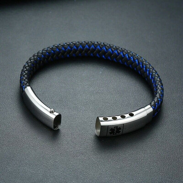 Black and blue plaited microfibre leather medical alert bracelet showing the adjustable tag fully opened