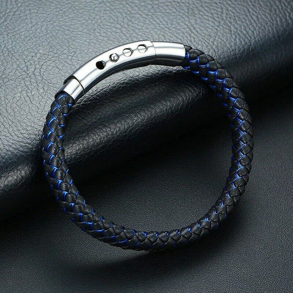 Side view of a black and blue plaited microfibre leather medical alert bracelet with a silver stainless steel 4 hole adjustable tag