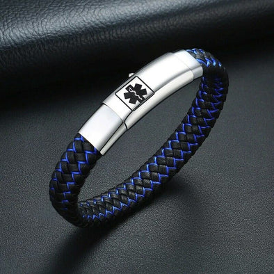 Black and blue plaited microfibre leather medical alert bracelet with stainless steel adjustable tag
