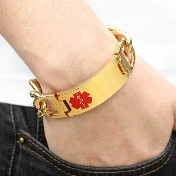Arlan personalised gold stainless steel medical ID alert bracelet worn on a wrist