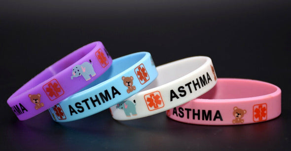 Asthma silicone wristbands for children with animal characters in purple, blue, white and pink.