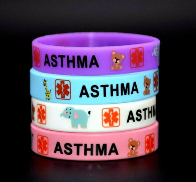 Asthma medical alert silicone wristbands for kids in purple, blue, white and pink.