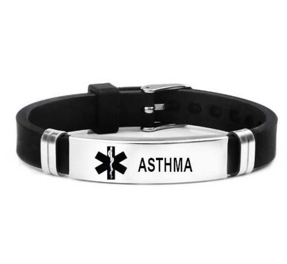 Slimline asthma black silicone and silver stainless steel medical alert bracelet