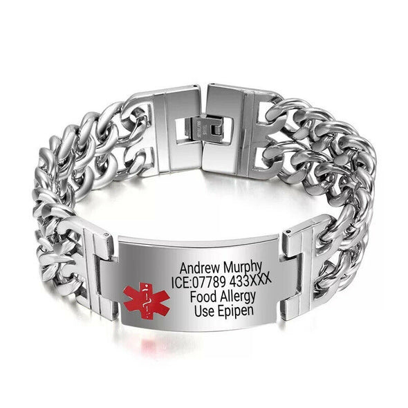 Stylish dual chain silver stainless steel medical alert bracelet personalised with an engraving.