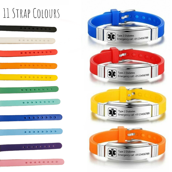 Barcelona silicone and stainless steel medical alert bracelets with 11 interchangeable strap colour choices