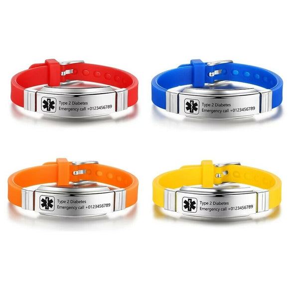 Barcelona personalised yellow, blue, red and orange silicone strap medical alert bracelet for adults and children