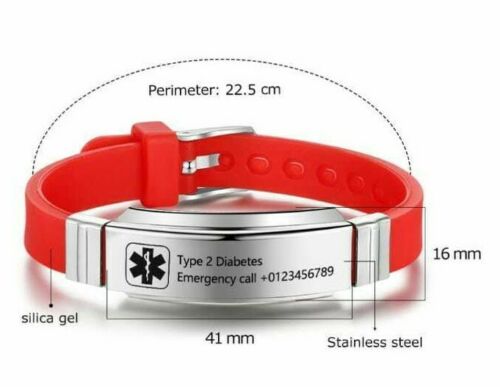 Barcelona personalised red silicone medical alert bracelet size diagram.