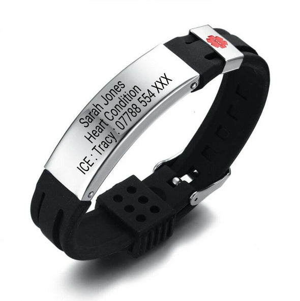 Bermuda Black and Silver Silicone Customisable Medical Alert Bracelet