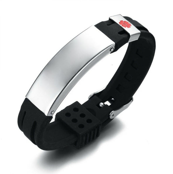 Bermuda black silicone and stainless steel customisable medical alert ID bracelet blank tag.