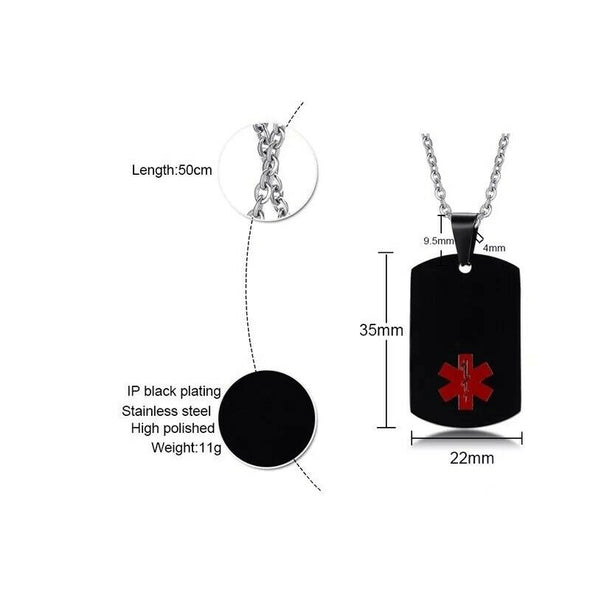 Customisable Elite stainless steel medical alert necklace dimensions and material overview