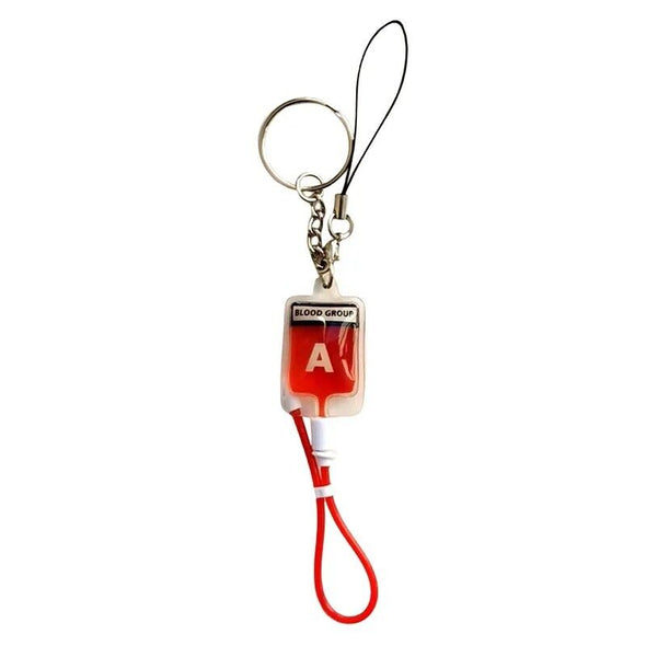 Blood group A novelty keyring with a red blood bag, catheter split ring keychain