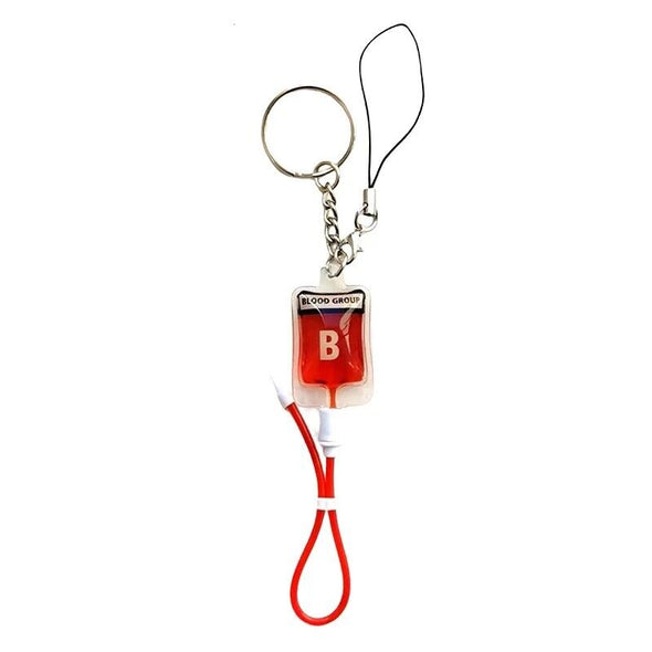 Blood group B novelty keyring with a red blood bag, catheter split ring keychain