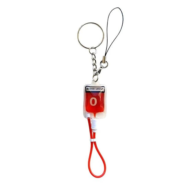 Blood group O novelty keyring with a red blood bag, catheter split ring keychain