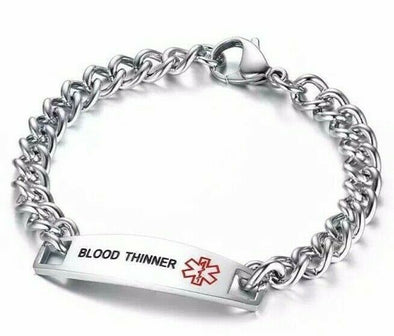 Blood thinner stainless steel medical alert bracelet, customisable with engraving on rear of tag.