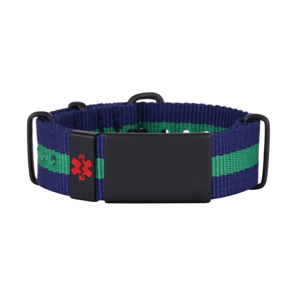 Blue and green striped customisable Wayfarer nylon and stainless steel medical alert bracelet