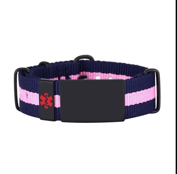 Blue and pink striped customisable Wayfarer nylon and stainless steel medical alert bracelet