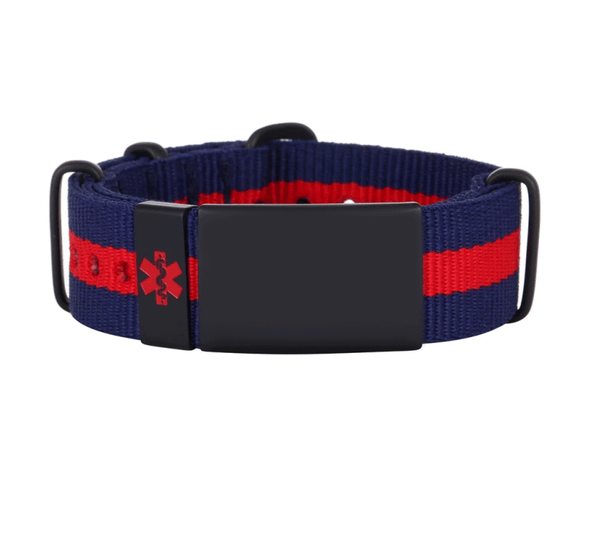 Blue, Red Stripe Customisable Wayfarer nylon and stainless steel medical alert bracelet