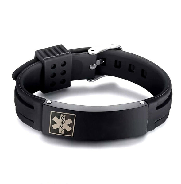 Boston black silicone and stainless steel tag medical ID bracelet, shown blank to show engraving space.