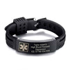 Boston black silicone and black stainless steel tag customisable medical alert bracelet shown personalised with an engraving.