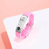Pink silicone and silver stainless steel medical ID alert bracelet, personalised and engraved.