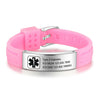 Pink silicone and silver stainless steel medical alert bracelet personalised with medical and contact information engraved.
