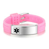 Boston pink silicone and silver stainless steel tag medical alert bracelet, blank tag showing space for engraving.