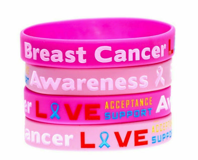 Pink breast cancer awareness silicone wristbands.