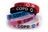 Medical Alert COPD silicone wristbands in red, black, blue, pink and white.