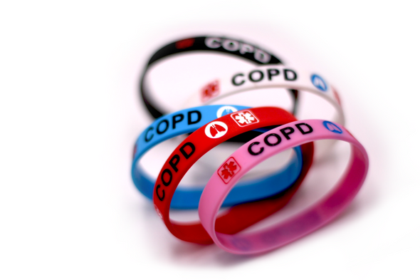 Black, White, Blue, Red and Pink COPD medical alert silicone wristbands.