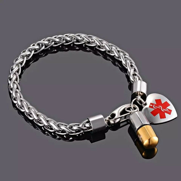 Cascade stainless steel customisable heart medical alert bracelet with pill shaped information holder charm.