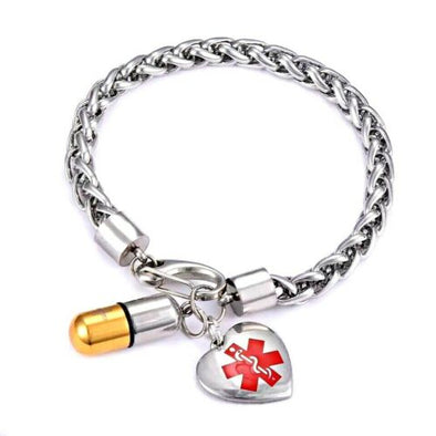 Cascade stainless steel heart medical alert bracelet with pill shaped information holder charm.