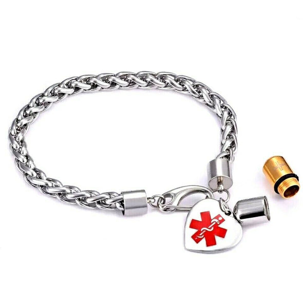 Cascade stainless steel heart medical alert bracelet with opened pill shaped information holder charm.