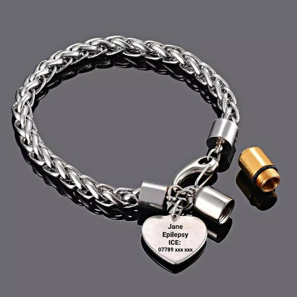 Personalised Cascade stainless steel heart medical alert bracelet with open pill shaped information holder charm.