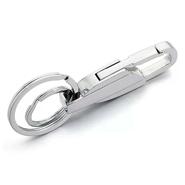 Silver medical alert keyring showing dual rings and carabiner clasp side view.