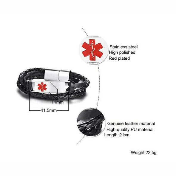 Havana customisable black leather and stainless steel medical alert bracelet with sliding magnetic clasp dimensions graphic