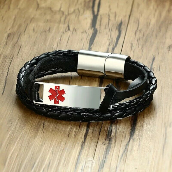 Havana customisable black leather and stainless steel medical alert bracelet with sliding magnetic clasp