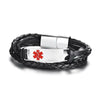 Havana customisable black leather and stainless steel medical alert bracelet with sliding magnetic clasp