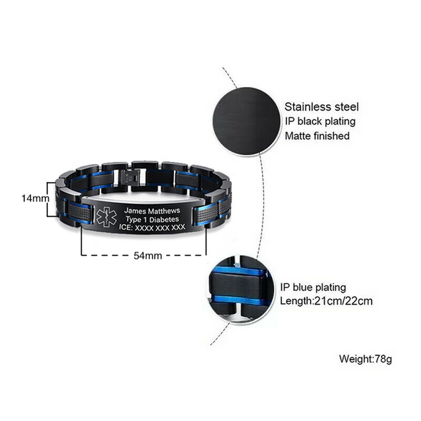 Delta XR premium quality customisable stainless steel medical alert bracelet specification diagram