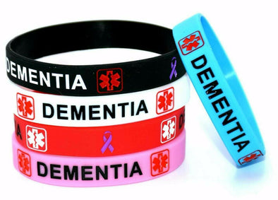Dementia silicone multi-coloured wristbands in black, white, red, pink and blue