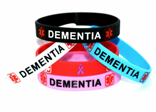 Dementia multi-coloured lightweight awareness silicone wristbands in black, white, red, pink and blue
